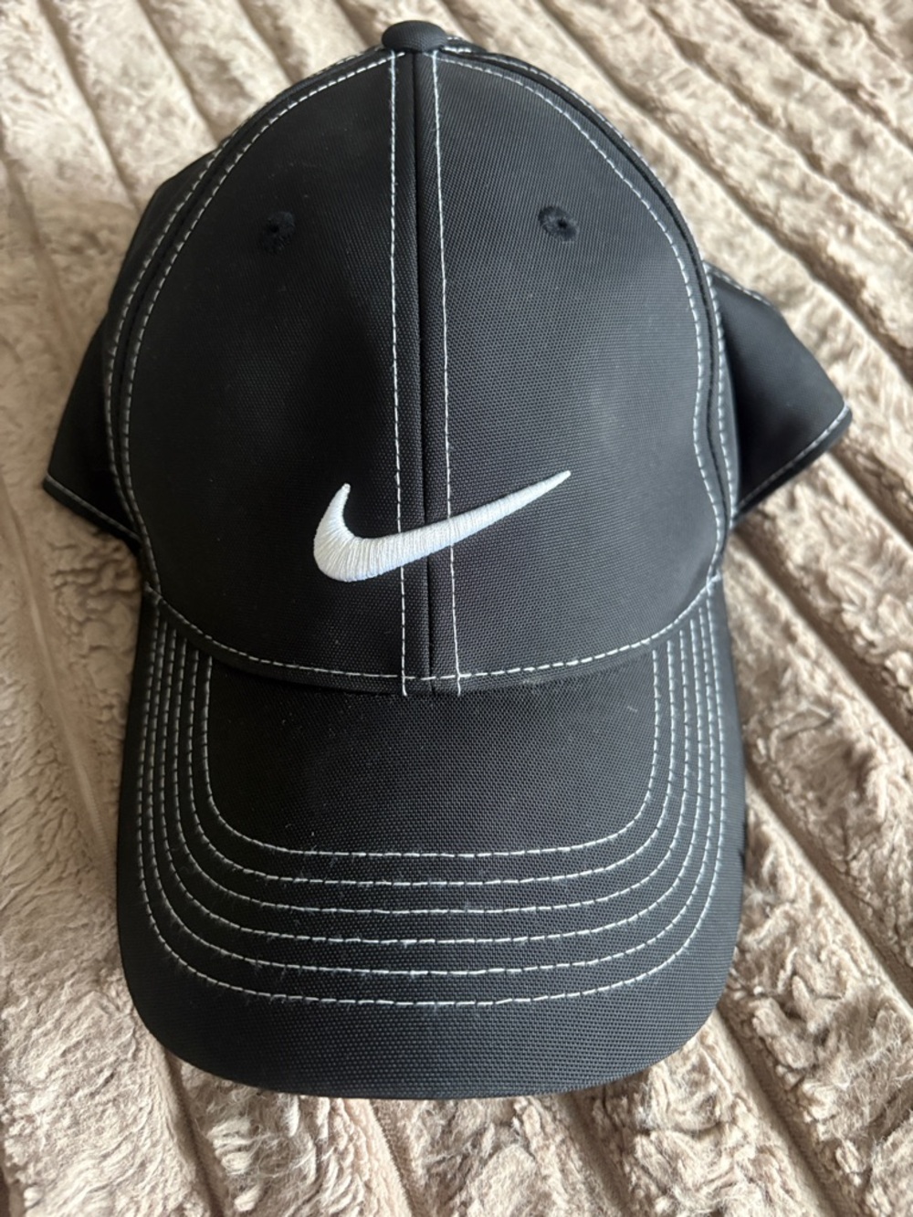 Nike Black Cap with White Swoosh and Contrast Stitching